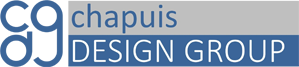 Logo of Chapuis Design Group featuring the initials "cdg" in lowercase, with "chapuis" in blue lowercase letters, and "DESIGN GROUP" in capital letters against a two-tone blue and grey background.